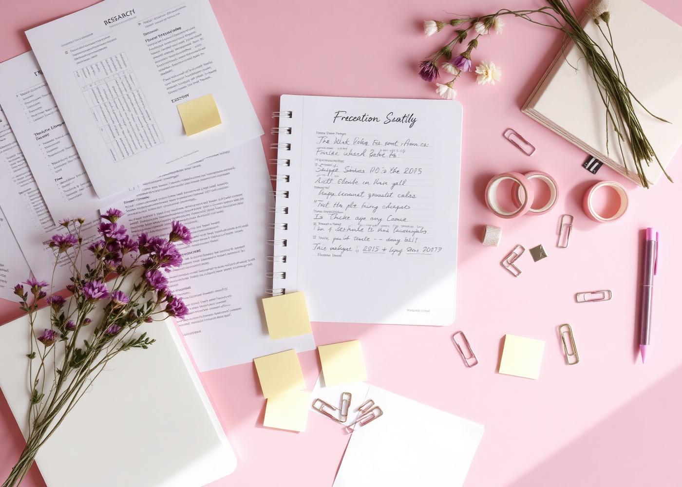 A pastel desk covered in research papers, sticky notes, dried flowers and paper clips